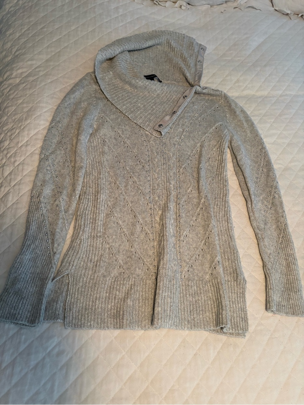 Light Gray Cowl Neck Sweater with Button Detail
